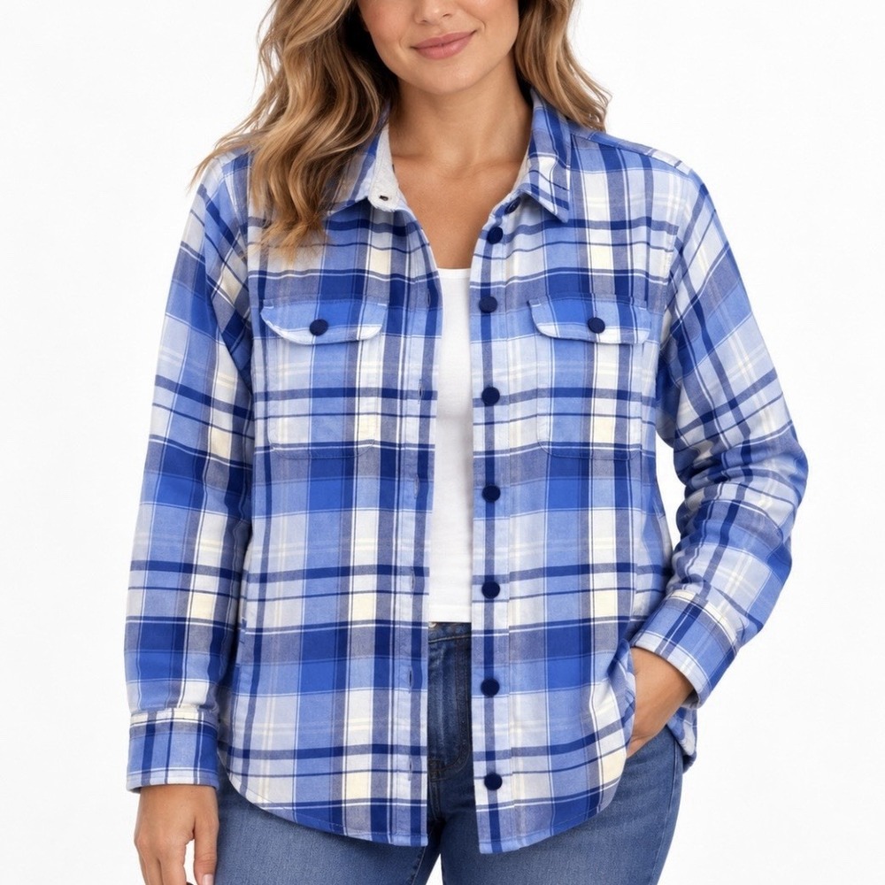 LL Bean Blue Plaid Fleece Lined Flannel Snap Shirt Jacket Shacket SMALL